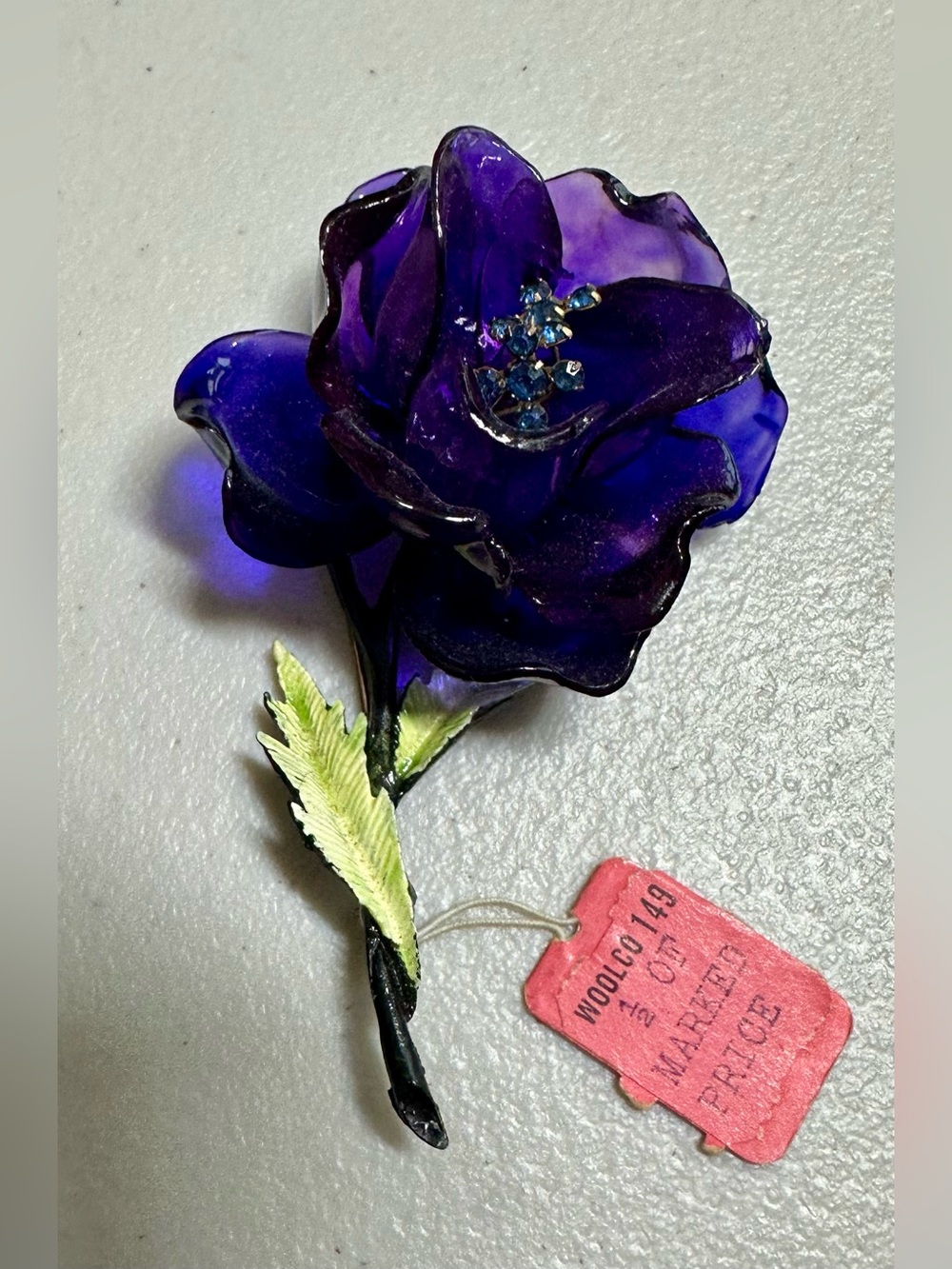 Deep Purple Blue Lucite Flower Brooch with Blue Rhinestone Center from Woolco